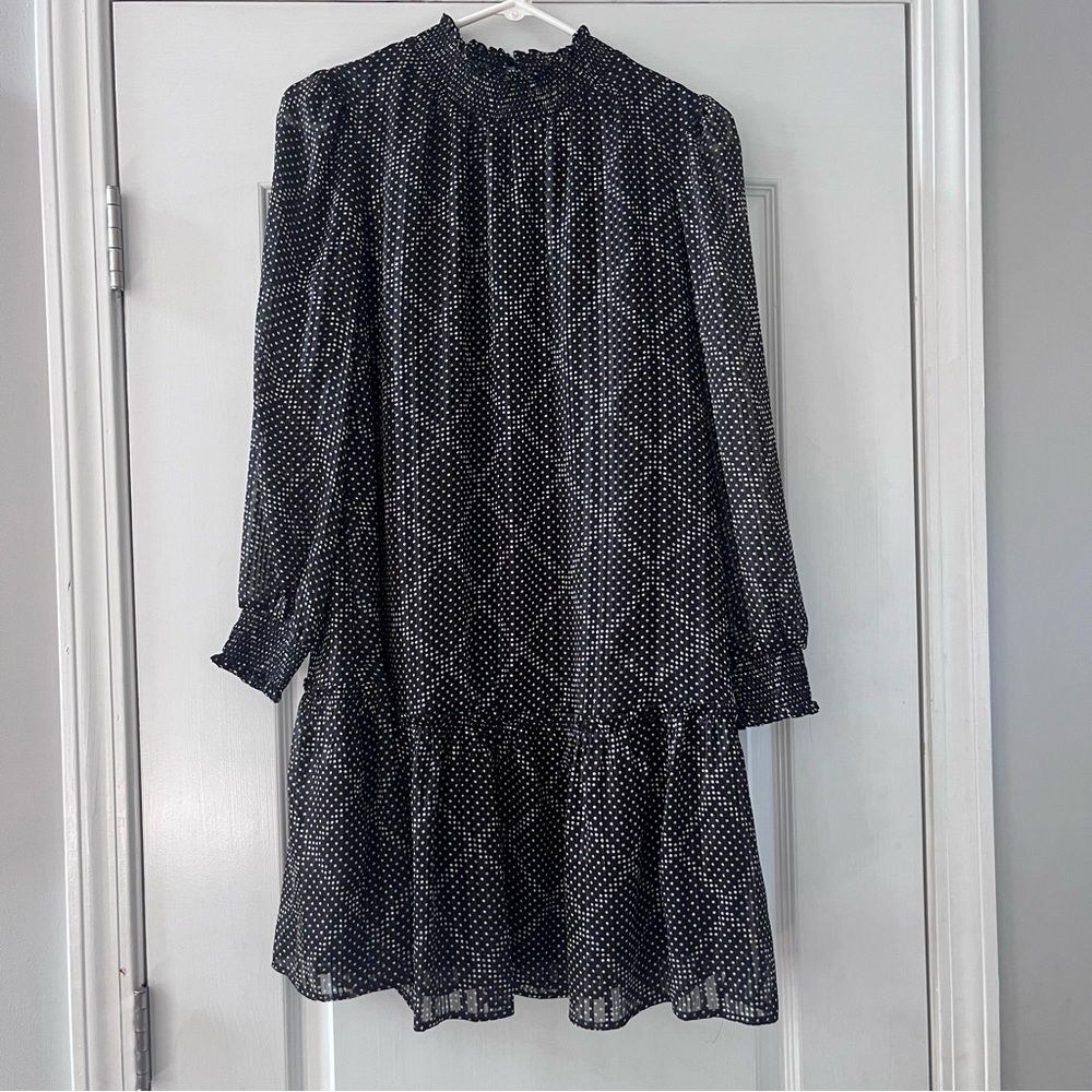 J. Crew Black Polka Dot Long Sleeve Dress with ruffle and metallic accents XXS